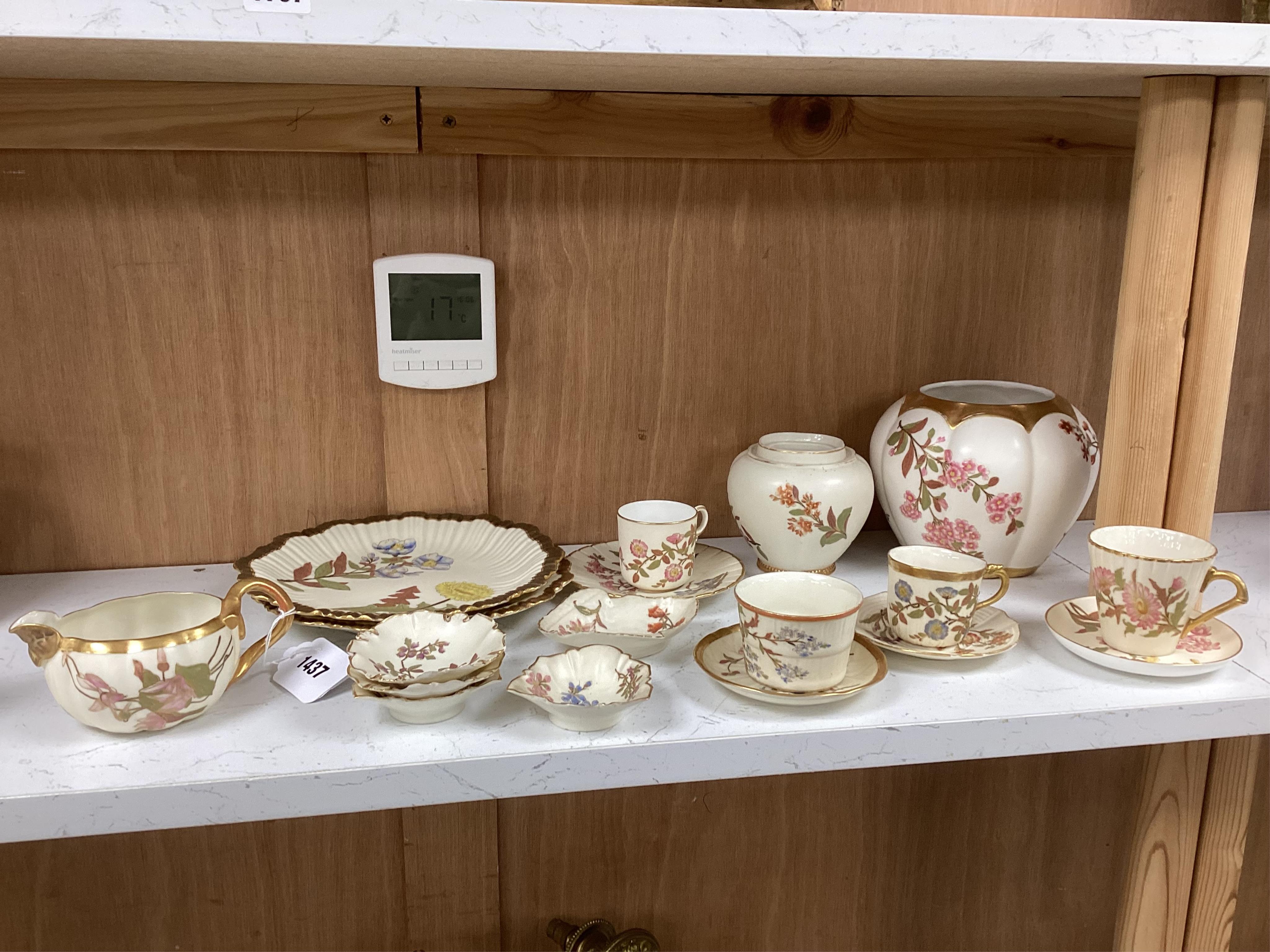 A collection of 19th century Worcester blush ivory to include a pair of gilt plates, various cups and saucers and a jar